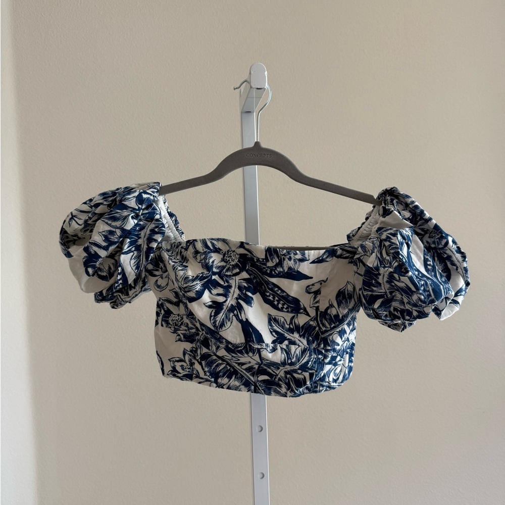 Abercrombie & Fitch Blue and White Ruffled Crop Blouse